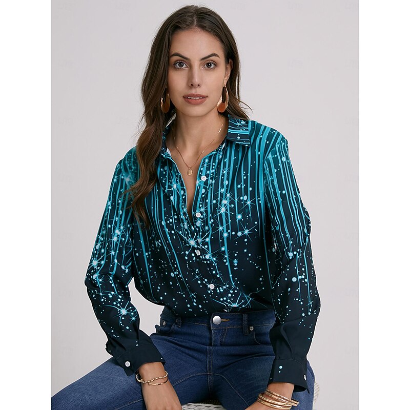 Women's Shirt Long Sleeve Button Down Blouse Maroon Denim Blue Black Striped Sparkly Button Print Casual Weekend Streetwear Shirt Collar Regular S4