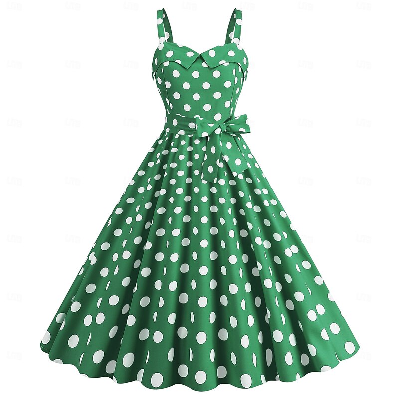 Retro Vintage 1950s Grease Outfits Rockabilly Midi Dress Swing Dress Flare Dress With Belt Spaghetti Strap Polka dots A-Line Fancy Dress Women's Carnival Daily Wear Tea Party Retro Adults Dress Spring2