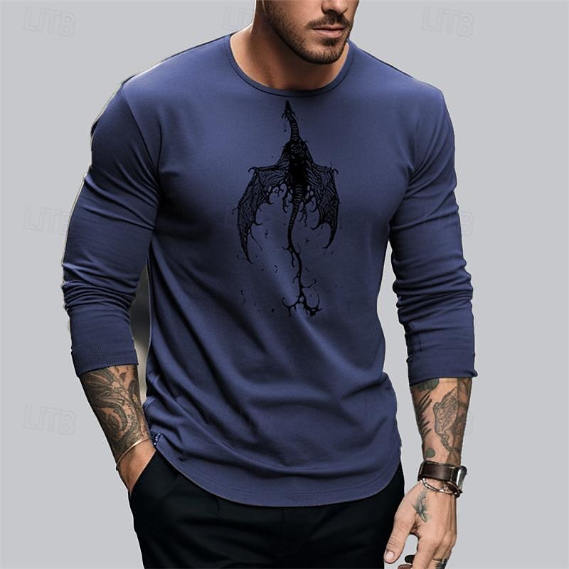 Men's Dragon T Shirt 100% Cotton Long Sleeve Graphic Shirt Black White Dark Blue Comfortable Tee Sports Outdoor Holiday Fashion Designer Clothing3