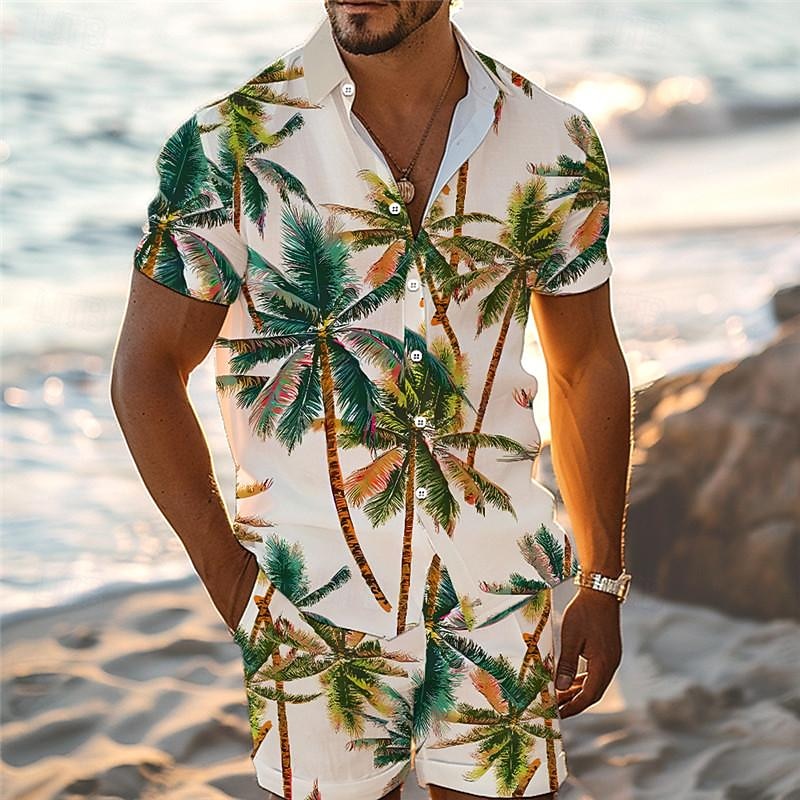 Men's Tropical Palm Tree Tropical Plants 2pcs Shirts Sets Summer Hawaiian Shirt Short Sleeve Short Pants Turndown Vacation Hawaiian Outdoor Vacation Hawaiian Pocket Buttons Print Summer All Seasons
