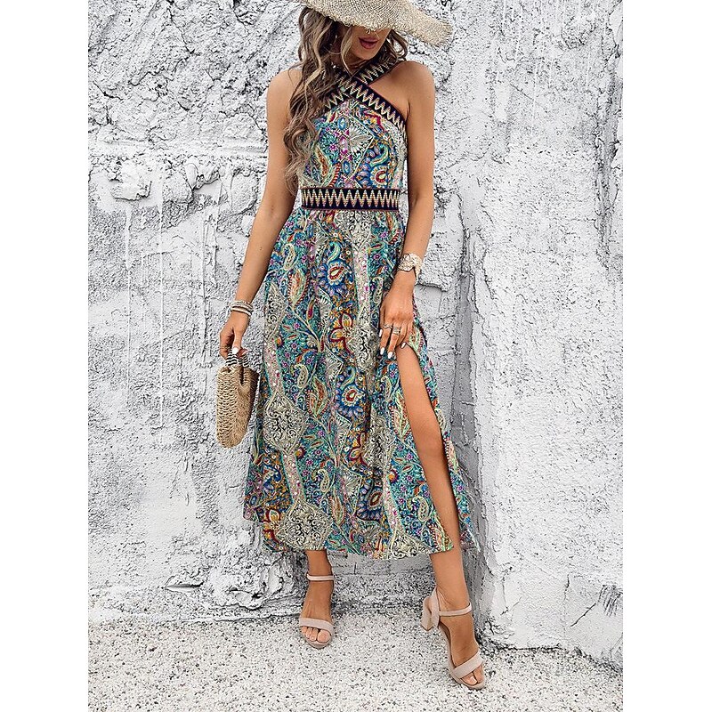 Women's EU / US Size Long Dress Maxi Dress Sheath Dress Swing Dress Sundress Boho Dress Elegant Bohemia Vintage Cold Shoulder Vacation Party Valentine's Day Slim 3D Print Abstract Multicolor