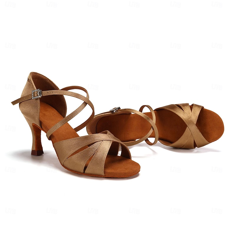 Women's Satin Ballroom Dance Shoes with Suede Sole - Strappy Latin Salsa Tango Heels for Professional and Social Dancing3