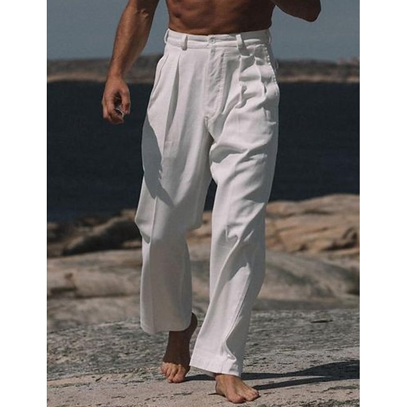 Men's Dress Pants Linen Pants Trousers Summer Pants Buttons Front Pocket Straight Leg Plain Comfort Breathable Casual Daily Holiday Fashion Basic White Beige