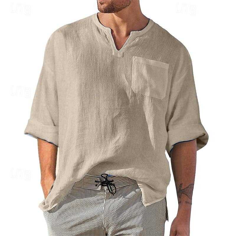 Men's Shirt Linen Shirt Cotton Linen Shirt Casual Shirt Plain Hawaiian Holiday Black Blue Khaki Gray Long Sleeve V Neck Spring &  Fall Clothing Apparel Sexy2