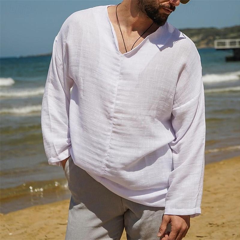 Men's Shirt Linen Shirt White Cotton Shirt Summer Shirt Beach Shirt Cotton Linen Shirt Plain Vacation Holiday Black White Khaki Long Sleeve V Neck Spring &  Fall Clothing Apparel Button-Down2