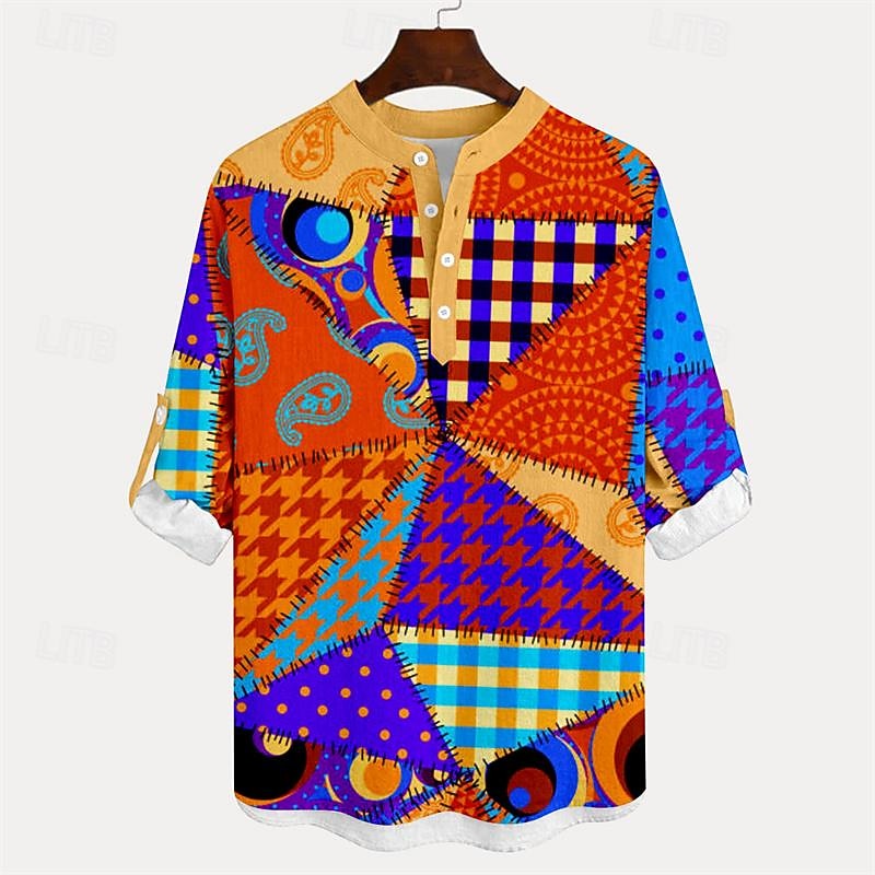 Men's Paisley Patchwork Shirt Linen Shirt Summer Hawaiian Shirt Long Sleeve Tribal Vacation Daily Wear Going out Spring &  Fall Stand Collar Buttons Print Orange2