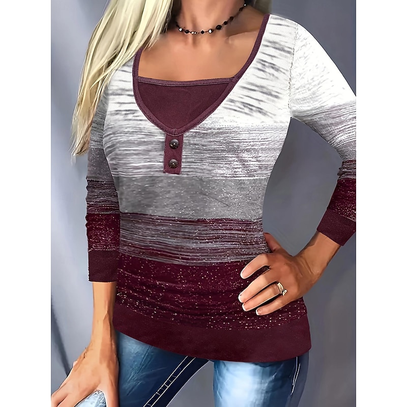 Women's T Shirt Color Block Print Long Sleeve Square Neck Regular Tops Casual Daily Buttons Print Wine Spring &  Fall