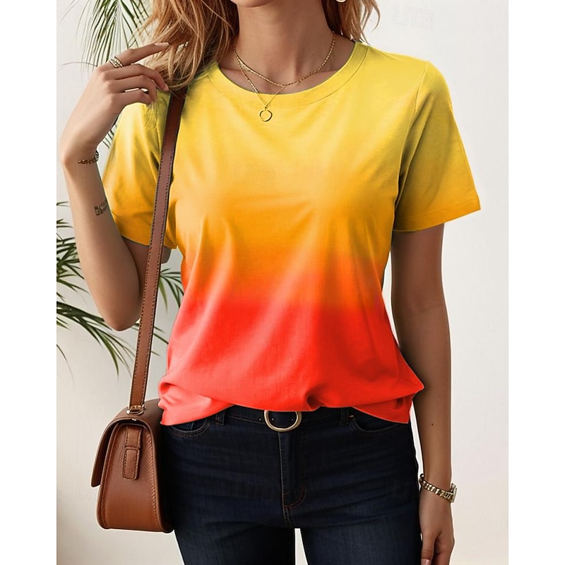Women's T shirt Casual Ombre Round Neck Yellow Red Gradient Short Sleeve Soft Stretchy Daily Summer Basic Tops
