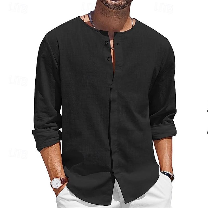 Men's Shirt Summer Shirt Casual Shirt Beach Shirt Button Up Shirt Black White Blue Green Gray Long Sleeve Plain Collar Vacation Hawaiian Clothing Apparel Cotton Cotton Blend Fashion Casual Comfortable3