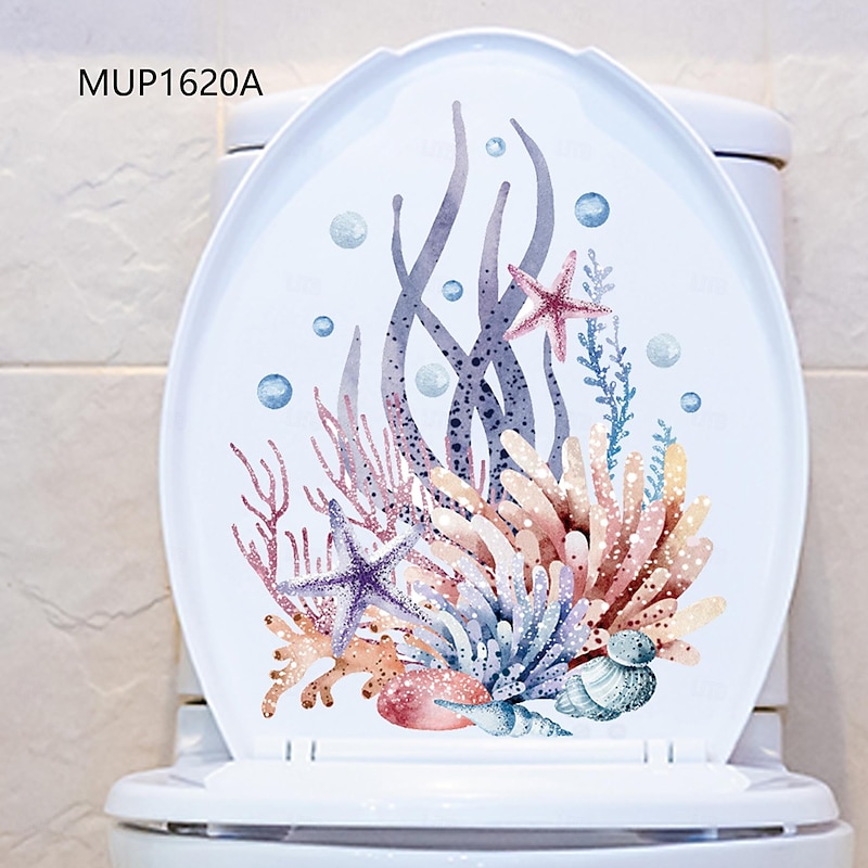 Watercolor Toilet Decals: Coral, Starfish, Seagrass, Jellyfish, Conch - Removable Bathroom Household Wall Stickers, Ideal for Adding a Beachy Vibe to Your Space
