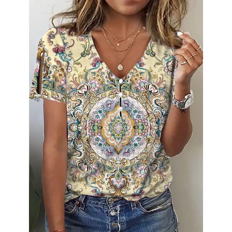 Women's Blouse V-Neck Short Sleeve Split Floral Print Casual Summer Top Front Button Fastening Soft Fabric Standard Sizes Multi-color Regular Fit Fashion Clothing Apparel2