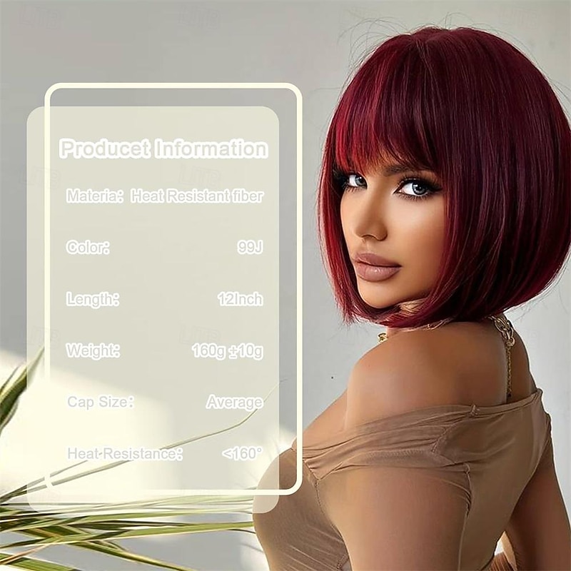 Bob Wigs with Bangs Burgundy Wig for Women Wine Red Wig Short Straight Wig Heat Resistant Fiber Synthetic Wig Halloween Cosplay 99J Colorful Wigs Party Wig3