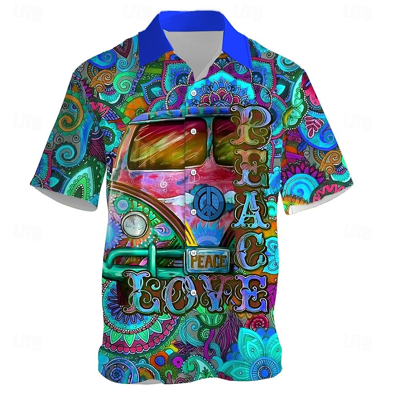 Men's Hippie Bus Shirt Summer Hawaiian Shirt Aloha Shirt Short Sleeve Shirt Turndown Vacation Hawaiian Outdoor Vacation Hawaiian Yellow Blue Fuchsia S M L4