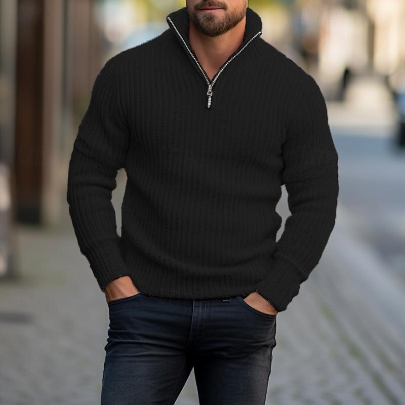 Men's Dress Sweater Knitwear Pullover Ribbed Knit Zipper Knitted Plain Quarter Zip Keep Warm Modern Contemporary Daily Wear Going out Clothing Apparel Fall & Winter Black White M L XL