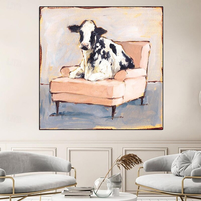 Handmade A cow sitting on a sofa painting  handmade Abstract Cow Oil Painting Unique Artwork Vibrant Animal Canvas painting Wall Art Cow painting for living room bedroom wall home decor