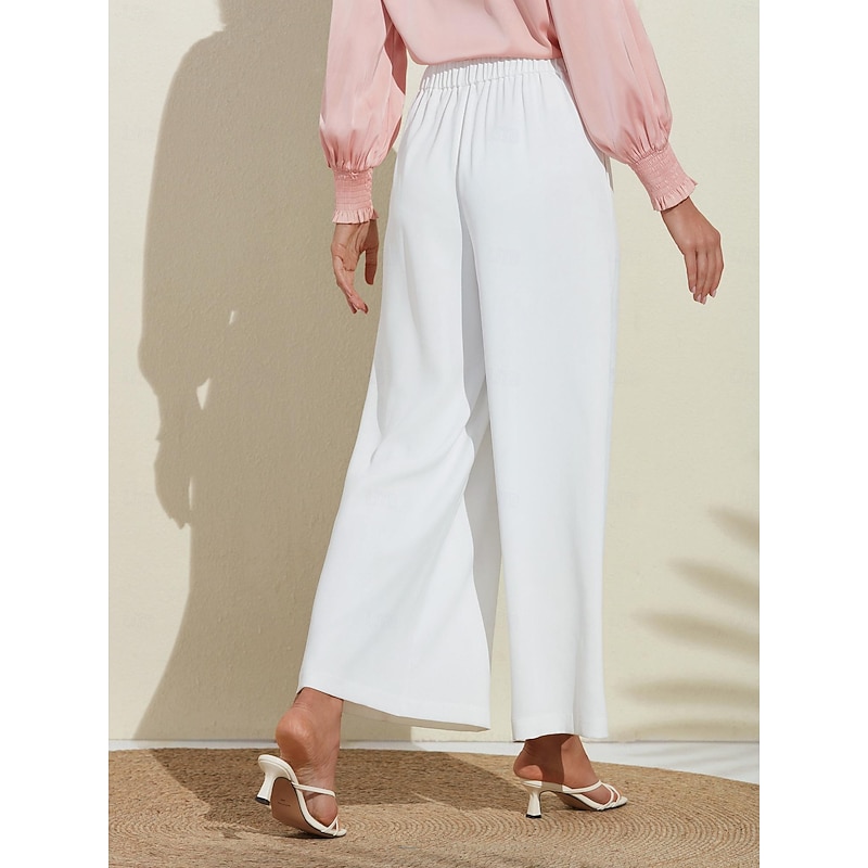 Women's Essential Trousers White Wide Leg Full Length Elastic Waist2