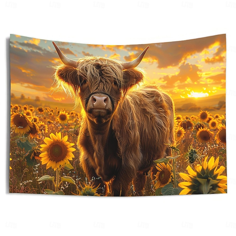 Beach Yak Sunflowers Hanging Tapestry Wall Art Large Tapestry Mural Decor Photograph Backdrop Blanket Curtain Home Bedroom Living Room Decoration4