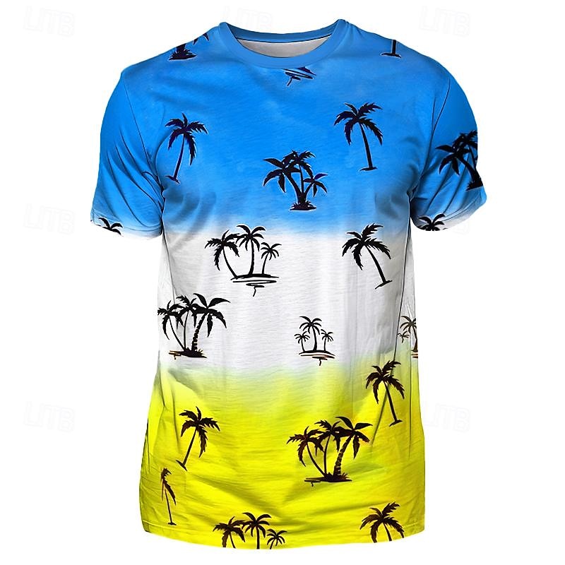 Men's Graphic Color Block Coconut Tree T Shirt Short Sleeve T shirt 3D Print Crew Neck Shirt Vacation Casual Sports Outdoor Holiday Going out Blue Sky Blue Red Spring & Summer Clothing Apparel S M L3