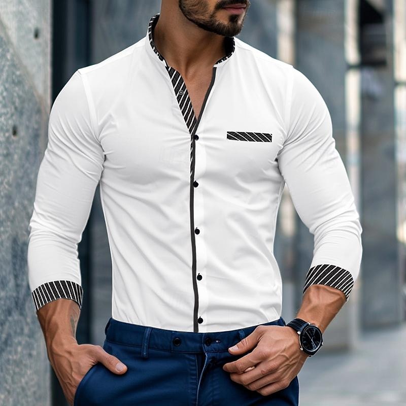 Men's Shirt Band Collar Shirt Summer Shirt Dress Shirt Button Up Shirt Casual Shirt White Wine Blue Long Sleeve Stripe Band Collar Daily Vacation Splice Clothing Apparel Cotton Cotton Blend Fashion