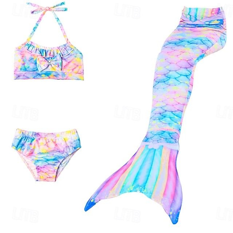 Kids Girls' Three Piece Mermaid Swimwear Swimwear Bikini Beach Swimming Print Active Cute Bathing Suits 4-12 Years Summer Rose Purple Polka Dot
