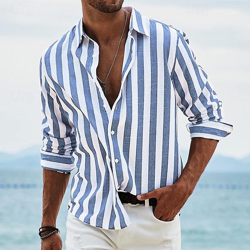 Men's Shirt Linen Shirt Summer Shirt Beach Shirt Cotton Linen Shirt Striped Shirts Striped Vacation Hawaiian Yellow Red Blue Green Long Sleeve Turndown Spring &  Fall Clothing Apparel Button-Down
