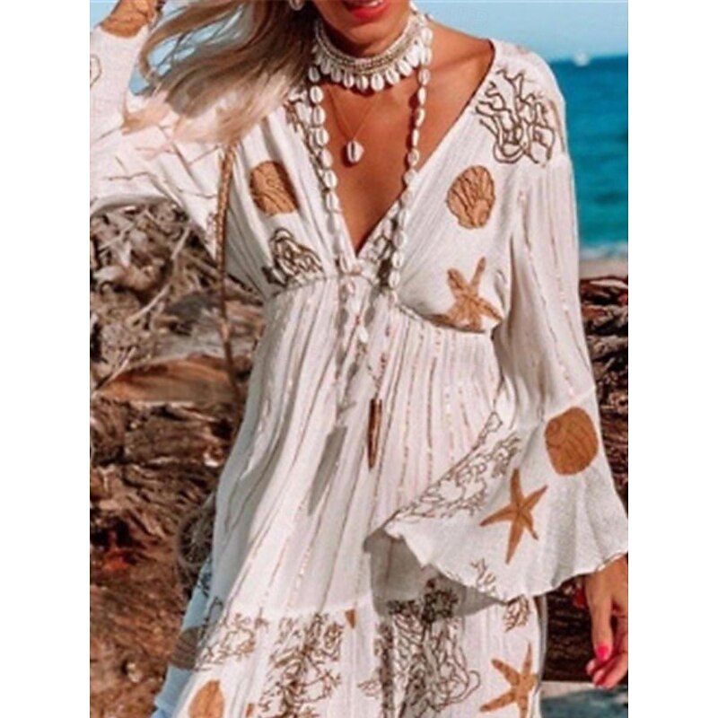 Women's Casual Dress Graphic Tassel Fringe Print V Neck Mini Dress Bohemia Vacation Beach Summer2