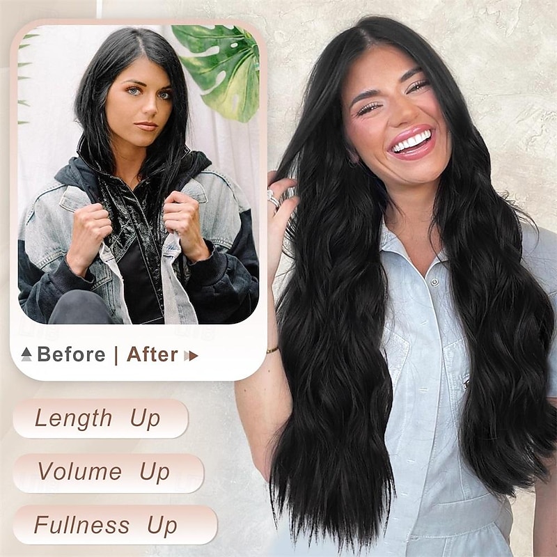 Clip in Long Wavy Synthetic Hair Extension 24 Inch Black 4PCS Thick Hairpieces Fiber Double Weft Hair for Women2