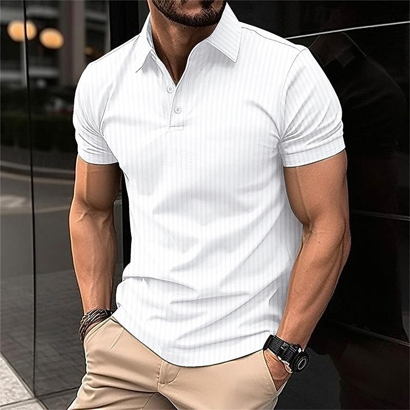 Men's Golf Shirt Golf Polo Work Casual Lapel Short Sleeve Basic Modern Striped Button Spring & Summer Regular Fit claret Dark Red Black White Dark Navy Royal Blue Golf Shirt2