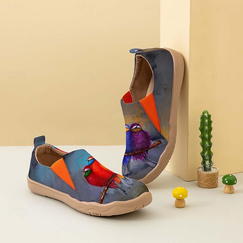 Women's Sneakers Flats Slip-Ons Print Shoes Slip-on Sneakers Daily Travel Bird Painting Flat Heel Vacation Casual Comfort Canvas Loafer Light Red Blue Green 12
