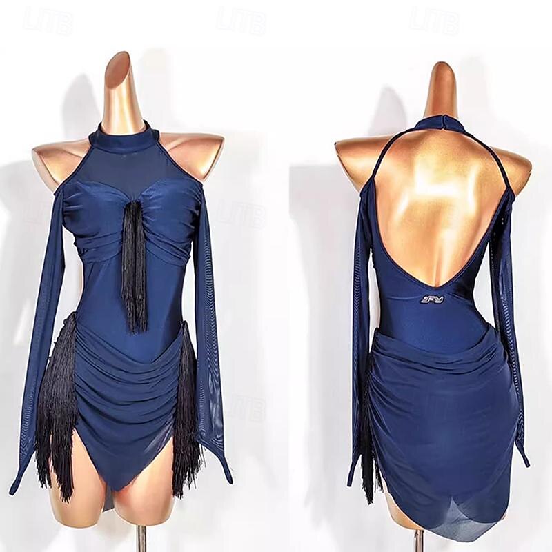 Latin Dance Dress Tassel Splicing Women's Performance Training Long Sleeve Polyester Mesh Spandex4