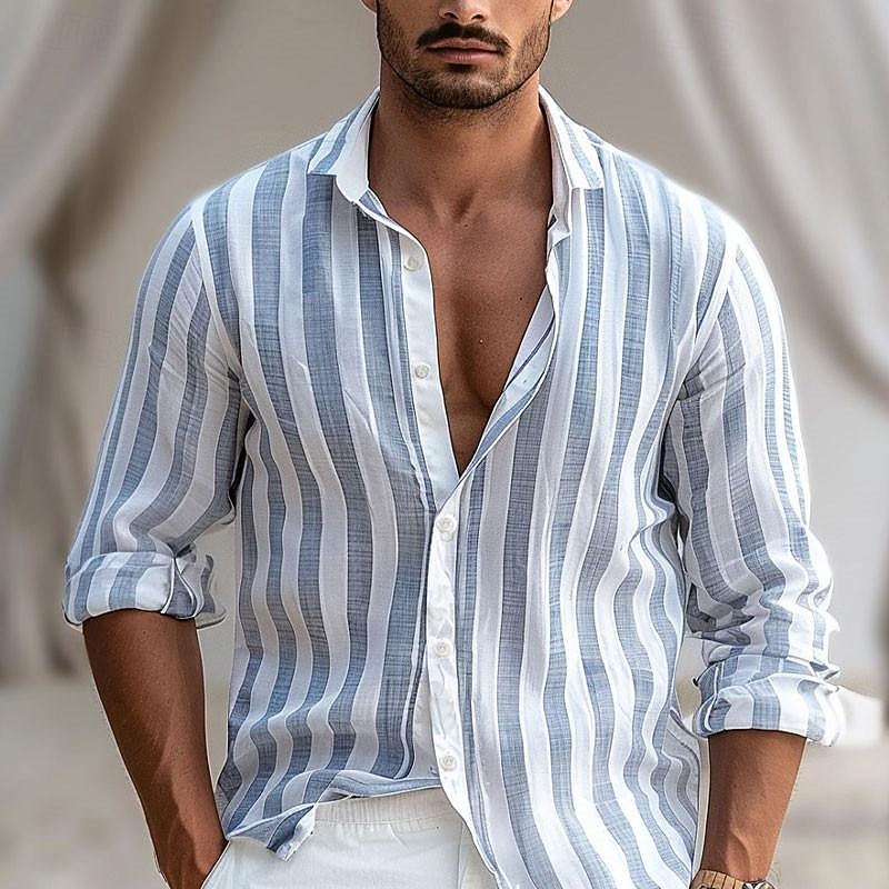 Men's Stripe Geometric Pattern Button Up Shirt Printed Shirts Long Sleeve Business Casual Street Wear to work Daily Wear Spring & Summer Turndown Print Button-Down Royal Blue Blue Gray4