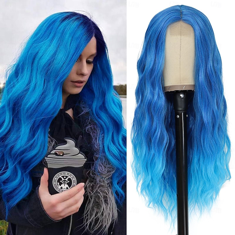 Blue Wig Long Blue Wavy Wigs for Women Middle Part Ombre Blue Wig 26 inch Natural Curly Synthetic Wig Heat Resistant Fiber Wigs for Daily Party Use Halloween Wigs