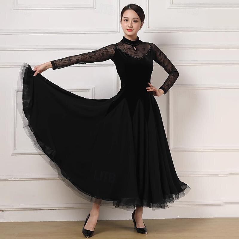 Ballroom Dance Dress Lace Pure Color Splicing Women's Performance Party Long Sleeve Charmeuse Pleuche4