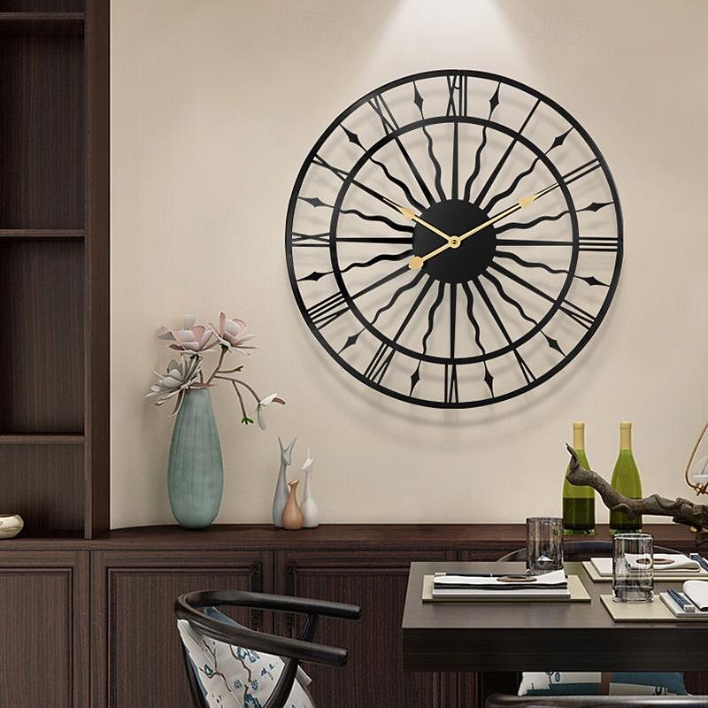 Round Hollow Wall Clock Creative Silent Non-Ticking Wall Clocks Battery Operated Metal Decorative Clock for Living Room Bedroom Kitchen Office 60 cm2
