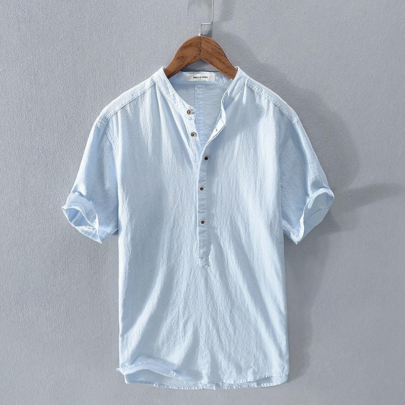 Men's Shirt Linen Shirt Cotton Linen Shirt White Cotton Shirt Chinese Collar Shirt Mandarin Collar Shirt Plain Vacation Street White Royal Blue Gray Light Blue Short Sleeve Stand Collar Summer4