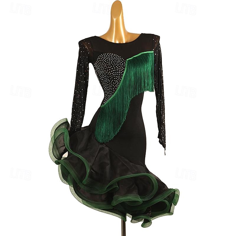 Latin Dance Dress Tassel Crystals / Rhinestones Women's Performance Daily Wear Long Sleeve Spandex Organza3