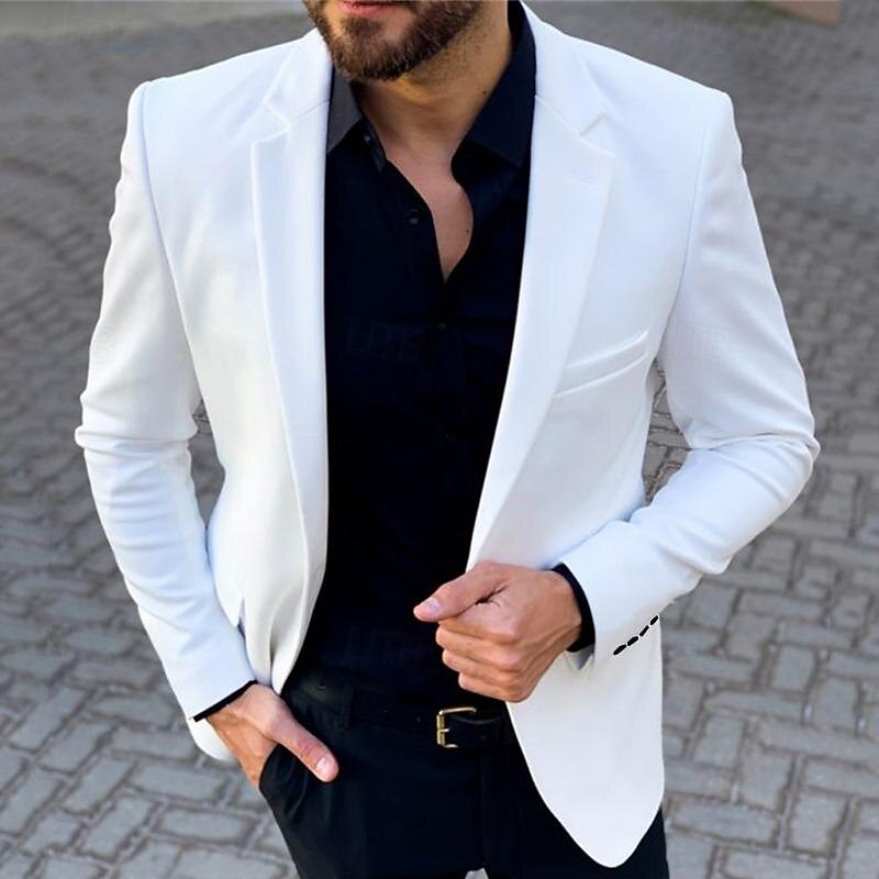 Men's Graduation Blazer Cocktail Attire Business Cocktail Party Wedding Party Fashion Casual Spring &  Fall Polyester Plain Pocket Buttons Casual / Daily Single Breasted Blazer White khaki3
