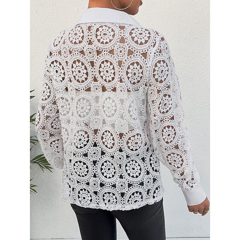 Shirt Lace Shirt Blouse Eyelet top Women's White Plain Lace Button Street Daily Fashion Shirt Collar Regular Fit S4