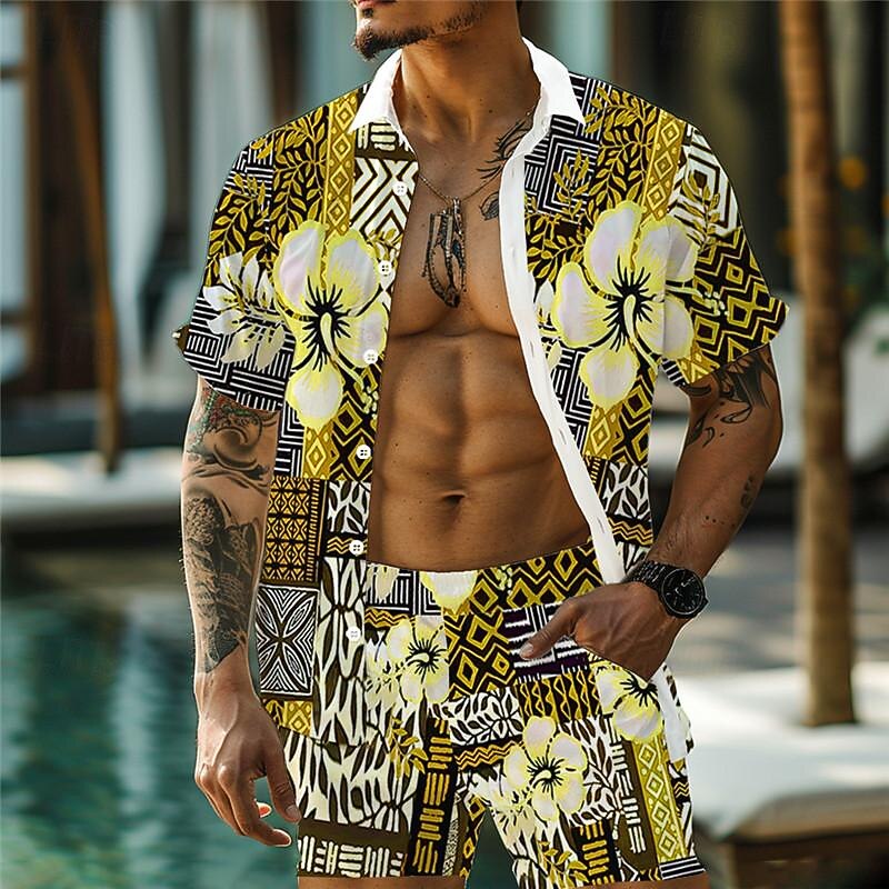 Men's Floral Geometric Pattern Ethnic 2pcs Shirts Sets Summer Hawaiian Shirt Short Sleeve Short Pants Turndown Vacation Hawaiian Outdoor Hawaiian Holiday Pocket Buttons Print Summer All Seasons4