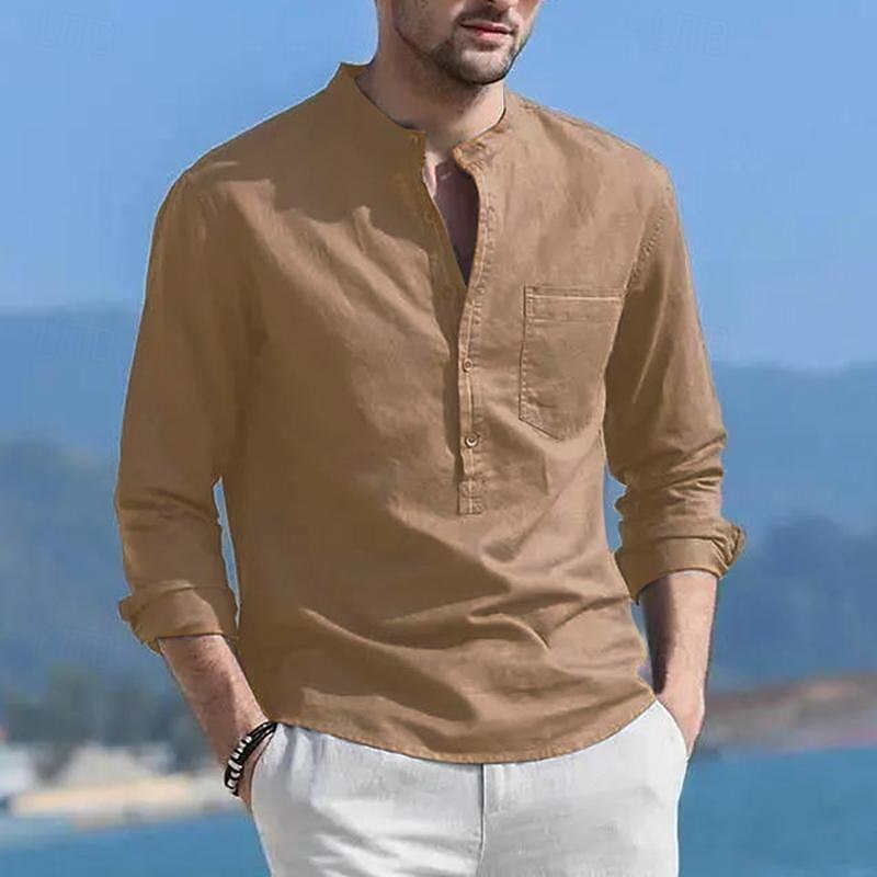 Men's Shirt Linen Shirt Cotton Linen Shirt White Cotton Shirt Chinese Collar Shirt Mandarin Collar Shirt Plain Vacation Hawaiian Black White Navy Blue Blue Long Sleeve Band Collar Spring &  Fall4