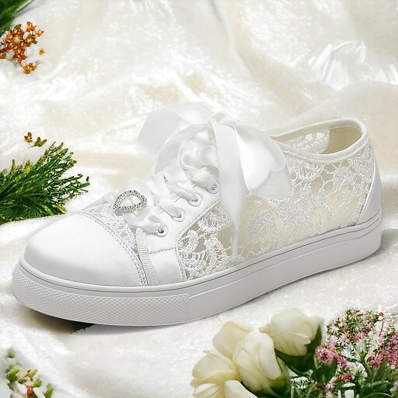 Women's Lace Wedding Sneakers with Ribbon Laces - White Bridal Flat Shoes for Comfort and Style2