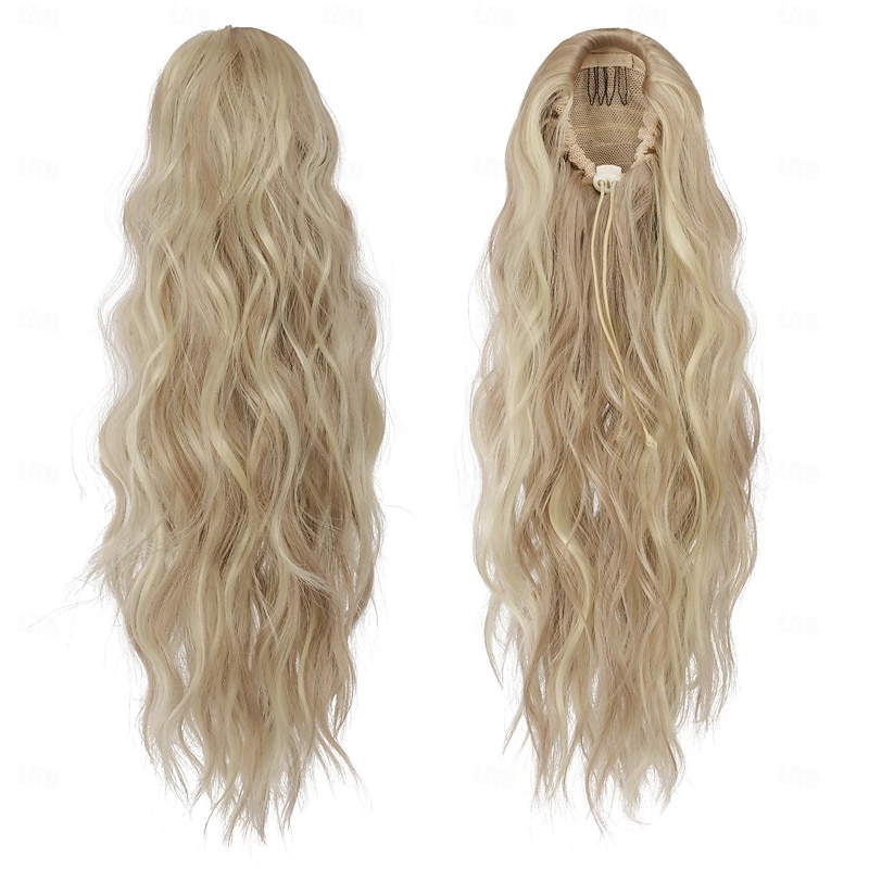 Ponytail Extensions Drawstring Ponytails Hair Extension Light Ash Brown Bleach Blonde Long Curly Wavy Hair Piece Synthetic Pony Tail Hairpieces for Women2