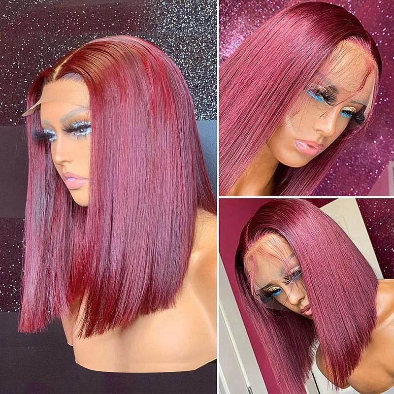 99J Burgundy Bob Lace Front Wigs Straight Hair 13x4 Short Bob Wigs 150% Density  for black women Short Human Hair3