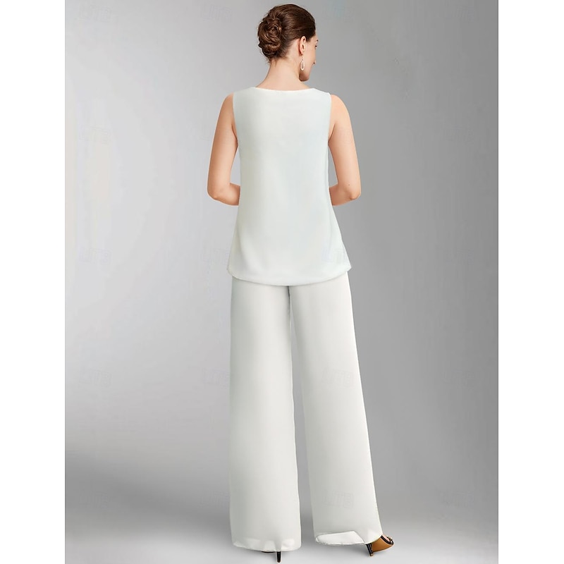 Pantsuit 3 Piece Mother of the Bride Formal Wedding Guest Elegant Plus Size Wrap Floor Length Chiffon Sleeveless with Lace4