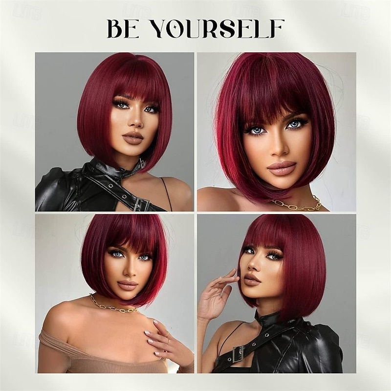 Bob Wigs with Bangs Burgundy Wig for Women Wine Red Wig Short Straight Wig Heat Resistant Fiber Synthetic Wig Halloween Cosplay 99J Colorful Wigs Party Wig4
