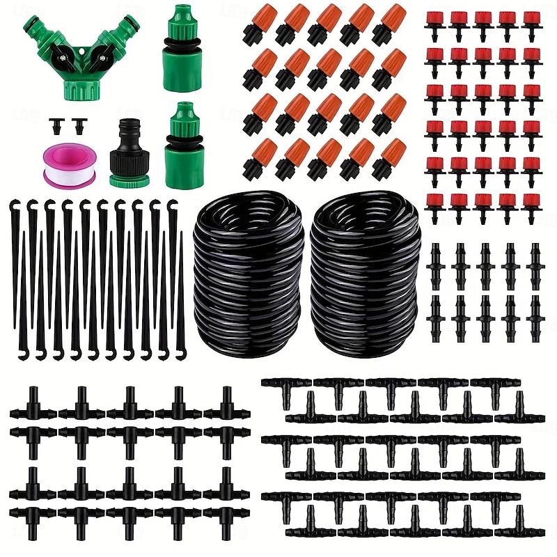 Garden Drip Irrigation Kit, Greenhouse Micro Automatic Drip Irrigation System Kit with 1/4 inch 1/2 inch Blank Distribution Tubing Hose Adjustable Patio Misting Nozzle Emitters Sprinkler2