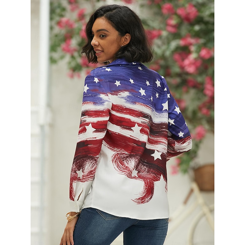 Women's Patriotic  Shirt Red White And Blue USA National Flag Button Print Red White And Blue Long Sleeve Daily Weekend Streetwear Casual Shirt Collar Regular S3
