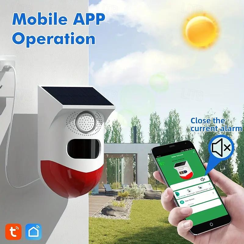 Solar Strobe Alarm Light with Motion Detection - 120dB Siren, 7 Modes, Remote Controller & Real-Time APP Notification for Home, Farm, Villa, Yard