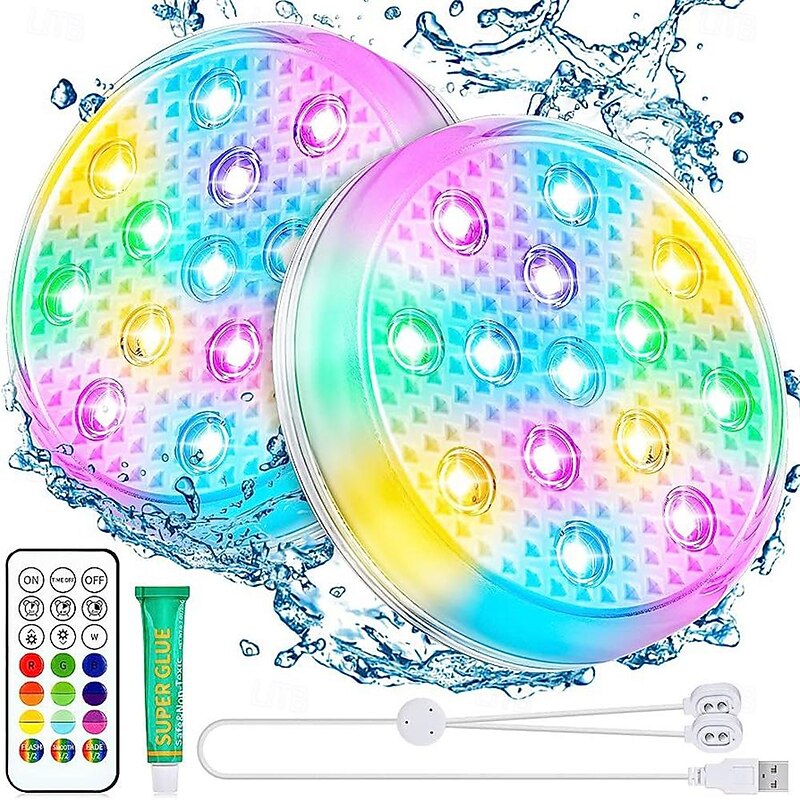 2pcs Rechargeable Submersible Pool Lights with Remote, Swimming Floating Lights IP68 Waterproof  Underwater Color Changing Led Floating Lights for Hot Tub Bath