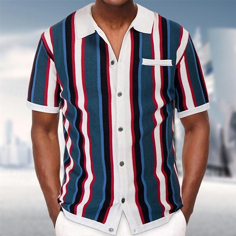 Men's Shirt Summer Shirt Casual Shirt Beach Shirt Button Up Shirt Striped Shirts White Brown Green Short Sleeve Stripe Lapel Vacation Hawaiian Knitted Clothing Apparel Polyester Fashion Casual4
